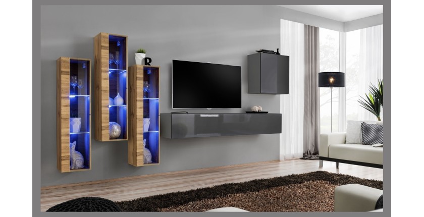 Ensemble meuble salon mural SWITCH XIII design, coloris gris et chêne Wotan.