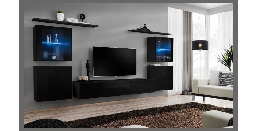Ensemble meuble salon mural SWITCH XIV design, coloris noir brillant.