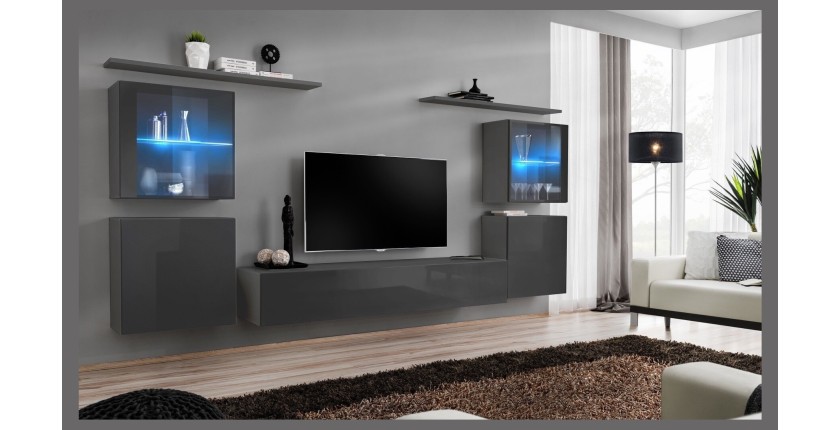 Ensemble meuble salon mural SWITCH XIV design, coloris gris brillant.