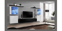 Ensemble meuble salon mural SWITCH XIV design, coloris noir et blanc brillant.