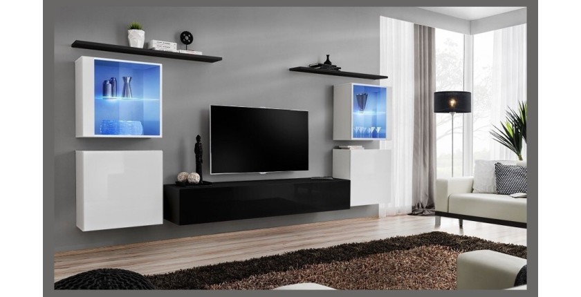 Ensemble meuble salon mural SWITCH XIV design, coloris noir et blanc brillant.