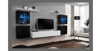 Ensemble meuble salon mural SWITCH XIV design, coloris blanc et noir brillant.