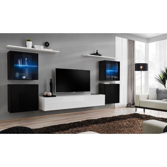 Ensemble meuble salon mural SWITCH XIV design, coloris blanc et noir brillant.