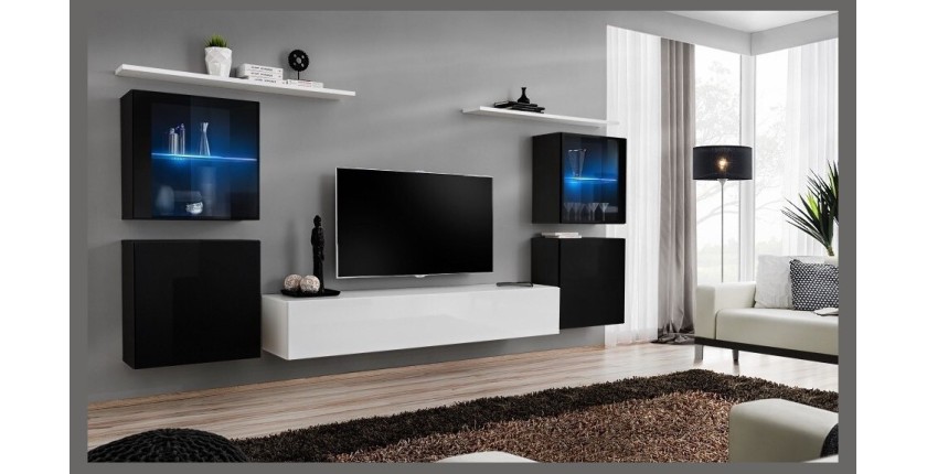 Ensemble meuble salon mural SWITCH XIV design, coloris blanc et noir brillant.