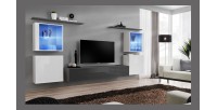 Ensemble meuble salon mural SWITCH XIV design, coloris gris et blanc brillant.