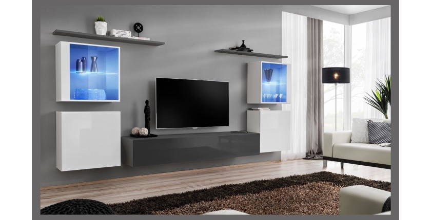 Ensemble meuble salon mural SWITCH XIV design, coloris gris et blanc brillant.