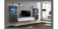 Ensemble meuble salon mural SWITCH XIV design, coloris blanc et gris brillant.