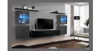 Ensemble meuble salon mural SWITCH XIV design, coloris noir et gris brillant.