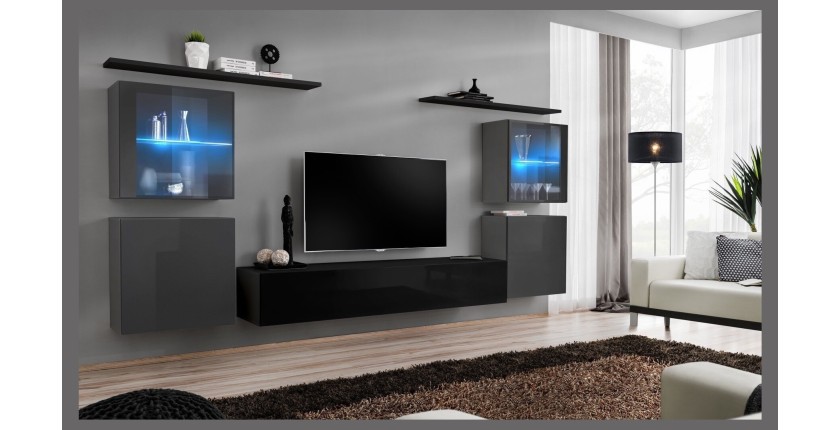 Ensemble meuble salon mural SWITCH XIV design, coloris noir et gris brillant.