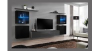 Ensemble meuble salon mural SWITCH XIV design, coloris gris et noir brillant.