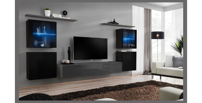 Ensemble meuble salon mural SWITCH XIV design, coloris gris et noir brillant.