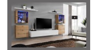 Ensemble meuble salon mural SWITCH XIV design, coloris blanc brillant et chêne Wotan.