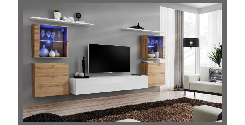 Ensemble meuble salon mural SWITCH XIV design, coloris blanc brillant et chêne Wotan.
