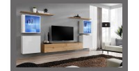 Ensemble meuble salon mural SWITCH XIV design, coloris chêne Wotan et blanc brillant.