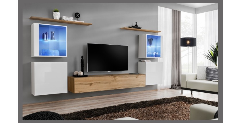 Ensemble meuble salon mural SWITCH XIV design, coloris chêne Wotan et blanc brillant.