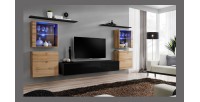 Ensemble meuble salon mural SWITCH XIV design, coloris noir brillant et chêne Wotan.