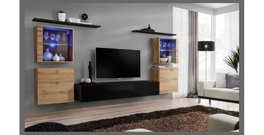 Ensemble meuble salon mural SWITCH XIV design, coloris noir brillant et chêne Wotan.