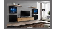 Ensemble meuble salon mural SWITCH XIV design, coloris chêne Wotan et noir brillant.