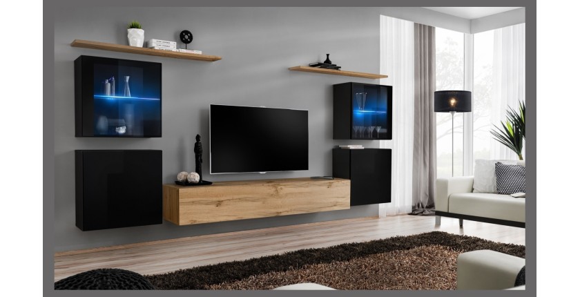 Ensemble meuble salon mural SWITCH XIV design, coloris chêne Wotan et noir brillant.
