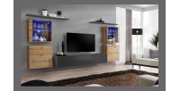 Ensemble meuble salon mural SWITCH XIV design, coloris gris brillant et chêne Wotan.