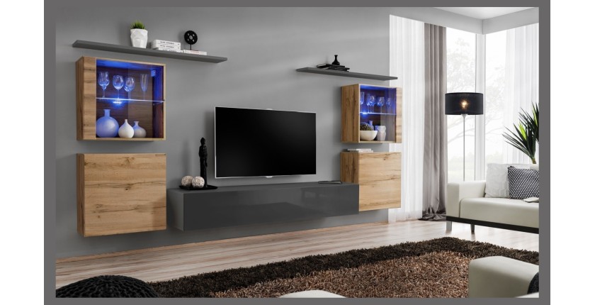 Ensemble meuble salon mural SWITCH XIV design, coloris gris brillant et chêne Wotan.