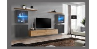 Ensemble meuble salon mural SWITCH XIV design, coloris chêne Wotan et gris brillant.