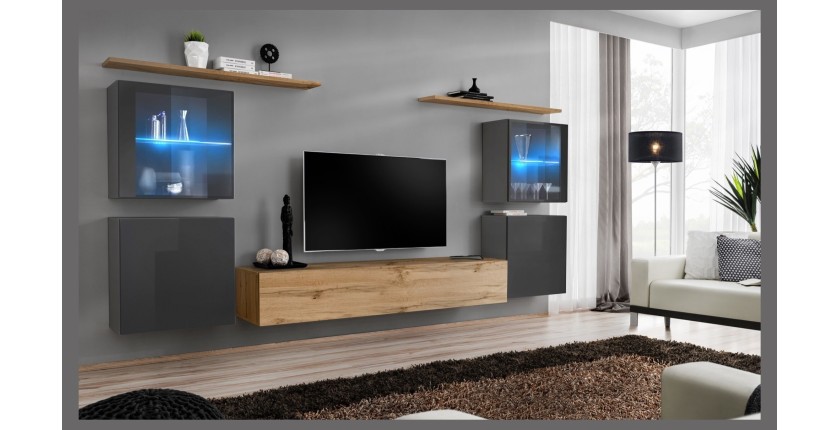 Ensemble meuble salon mural SWITCH XIV design, coloris chêne Wotan et gris brillant.