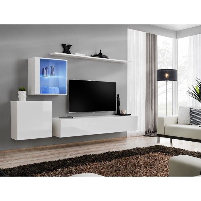 Ensemble meuble salon mural SWITCH XV design, coloris blanc brillant.