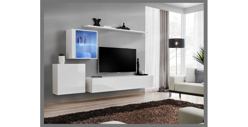 Ensemble meuble salon mural SWITCH XV design, coloris blanc brillant.