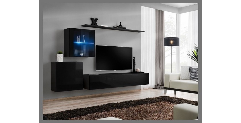 Ensemble meuble salon mural SWITCH XV design, coloris noir brillant.