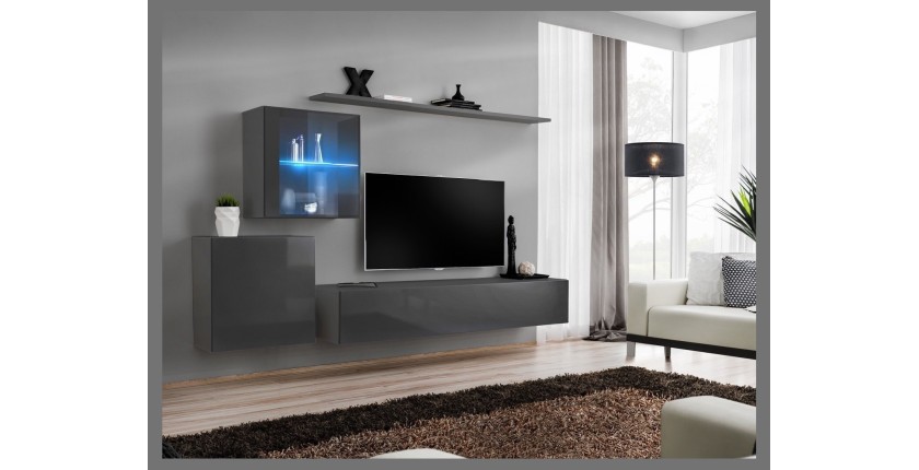 Ensemble meuble salon mural SWITCH XV design, coloris gris brillant.