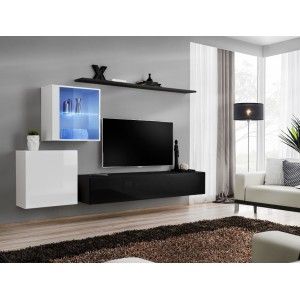 Ensemble meuble salon mural SWITCH XV design, coloris noir et blanc brillant.