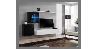 Ensemble meuble salon mural SWITCH XV design, coloris blanc et noir brillant.