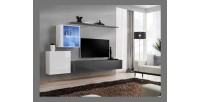 Ensemble meuble salon mural SWITCH XV design, coloris gris et blanc brillant.