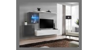 Ensemble meuble salon mural SWITCH XV design, coloris blanc et gris brillant.