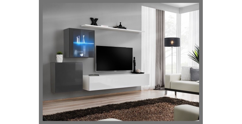 Ensemble meuble salon mural SWITCH XV design, coloris blanc et gris brillant.