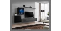 Ensemble meuble salon mural SWITCH XV design, coloris gris et noir brillant.