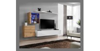 Ensemble meuble salon mural SWITCH XV design, coloris blanc brillant et chêne Wotan.