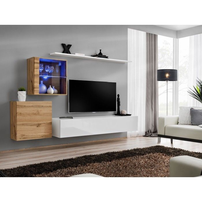 Ensemble meuble salon mural SWITCH XV design, coloris blanc brillant et chêne Wotan.