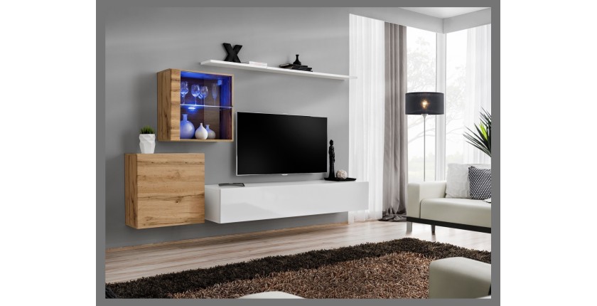Ensemble meuble salon mural SWITCH XV design, coloris blanc brillant et chêne Wotan.
