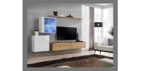 Ensemble meuble salon mural SWITCH XV design, coloris chêne Wotan et blanc brillant.
