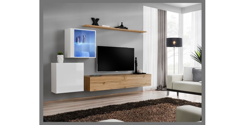 Ensemble meuble salon mural SWITCH XV design, coloris chêne Wotan et blanc brillant.