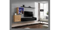 Ensemble meuble salon mural SWITCH XV design, coloris noir brillant et chêne Wotan.