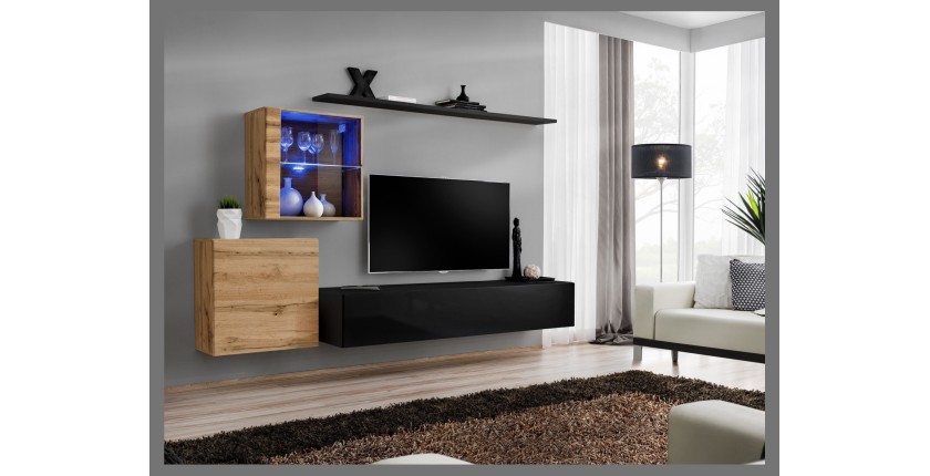 Ensemble meuble salon mural SWITCH XV design, coloris noir brillant et chêne Wotan.
