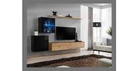 Ensemble meuble salon mural SWITCH XV design, coloris chêne Wotan et noir brillant.