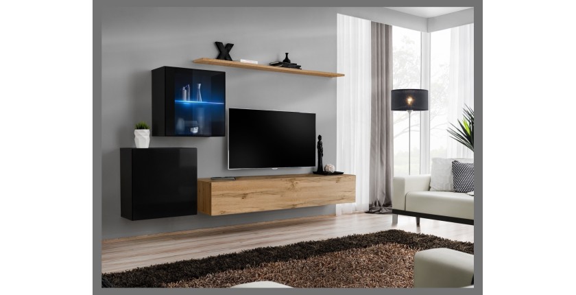 Ensemble meuble salon mural SWITCH XV design, coloris chêne Wotan et noir brillant.