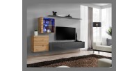 Ensemble meuble salon mural SWITCH XV design, coloris gris brillant et chêne Wotan.