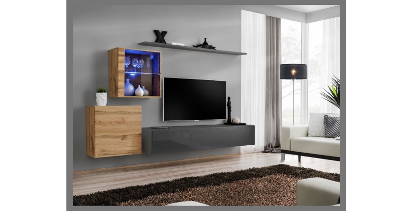 Ensemble meuble salon mural SWITCH XV design, coloris gris brillant et chêne Wotan.