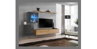 Ensemble meuble salon mural SWITCH XV design, coloris chêne Wotan et gris brillant.