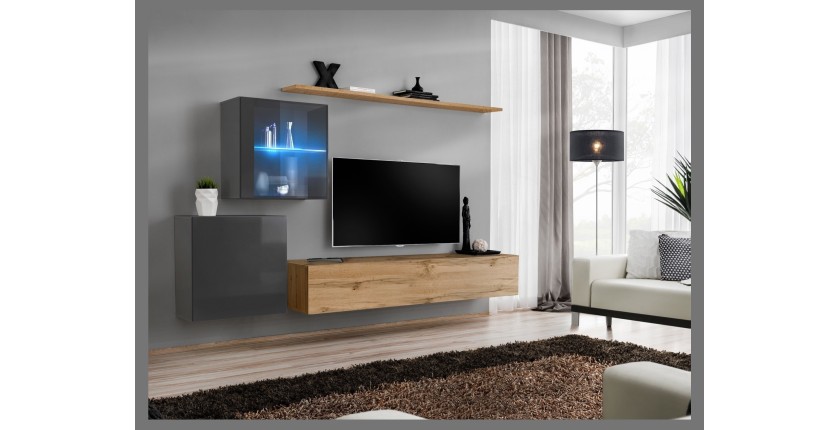 Ensemble meuble salon mural SWITCH XV design, coloris chêne Wotan et gris brillant.